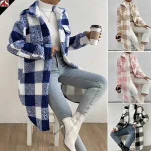 Button Lapel Plush Plaid Coat Loose- GlamzLife