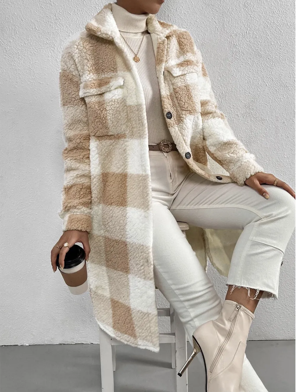 Button Lapel Plush Plaid Coat Loose- GlamzLife