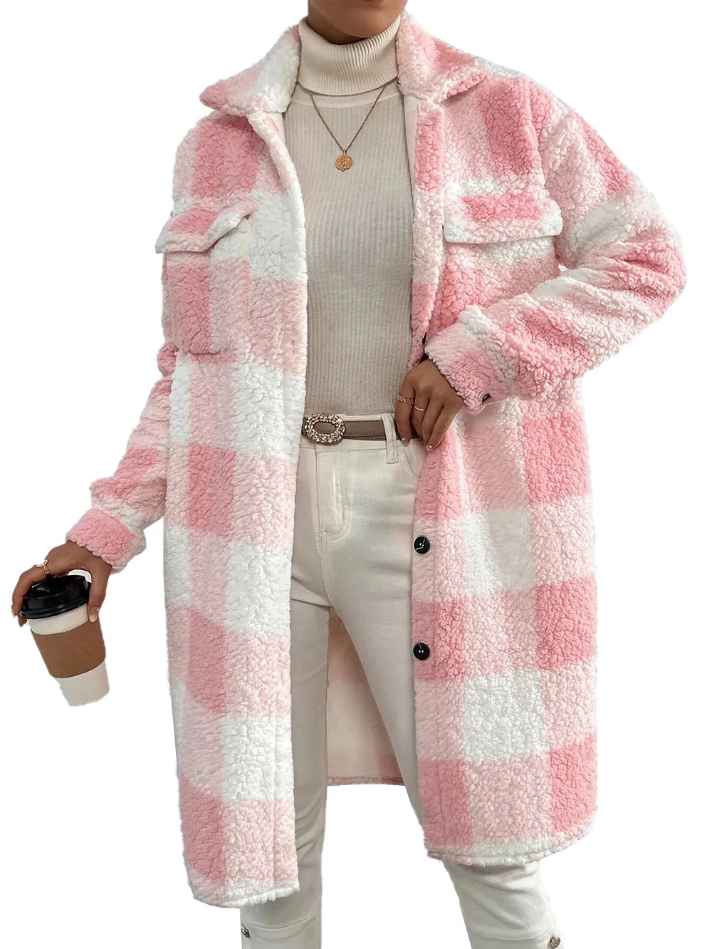 Button Lapel Plush Plaid Coat Loose- GlamzLife
