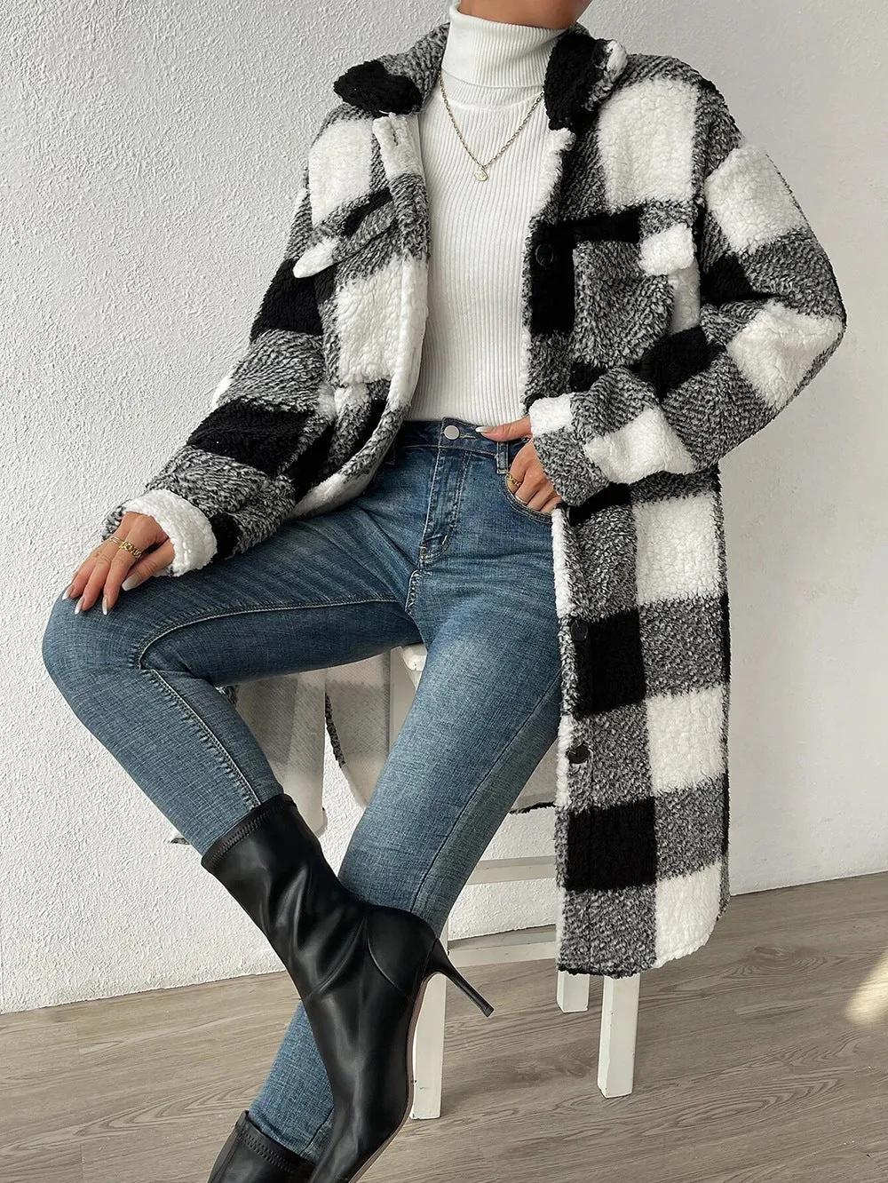 Button Lapel Plush Plaid Coat Loose- GlamzLife