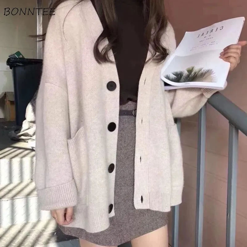 Cardigan Autumn V Neck Pockets Knitted Sweater Long