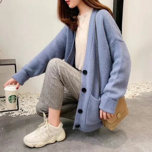 Cardigan Autumn V Neck Pockets Knitted Sweater Long