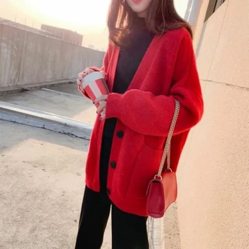 Cardigan Autumn V Neck Pockets Knitted Sweater Long