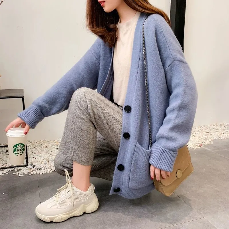 Cardigan Autumn V Neck Pockets Knitted Sweater Long