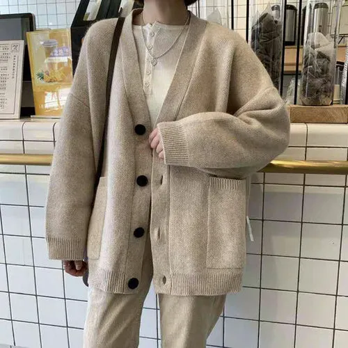 Cardigan Autumn V Neck Pockets Knitted Sweater Long