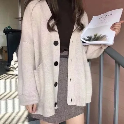 Cardigan Autumn V Neck Pockets Knitted Sweater Long