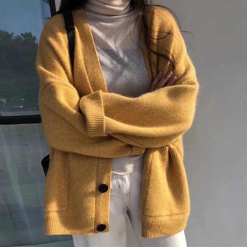 Cardigan Autumn V Neck Pockets Knitted Sweater Long