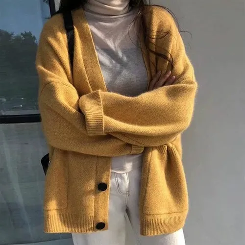 Cardigan Autumn V Neck Pockets Knitted Sweater Long