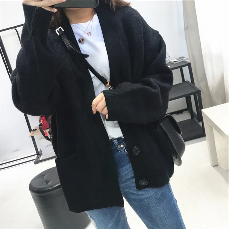 Cardigan Autumn V Neck Pockets Knitted Sweater Long
