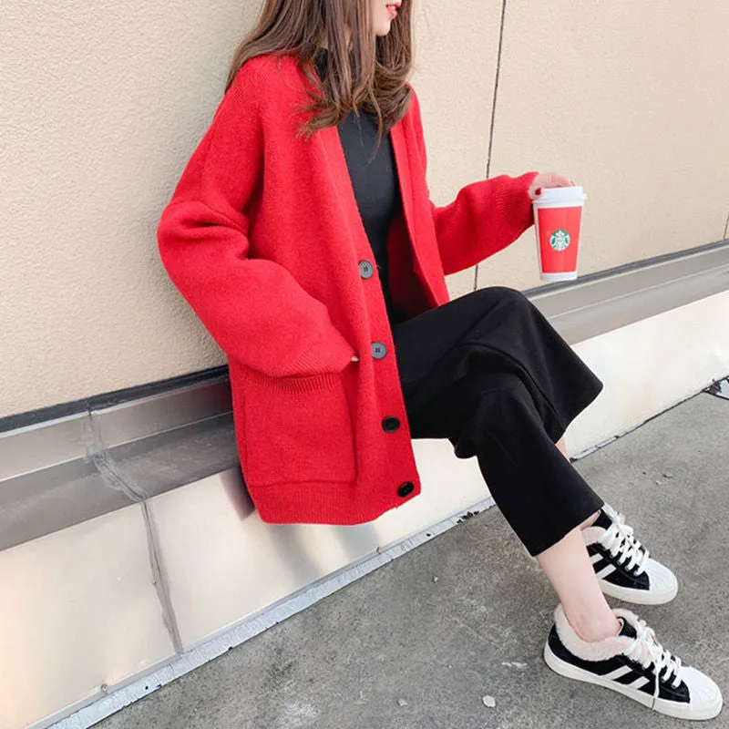 Cardigan Autumn V Neck Pockets Knitted Sweater Long