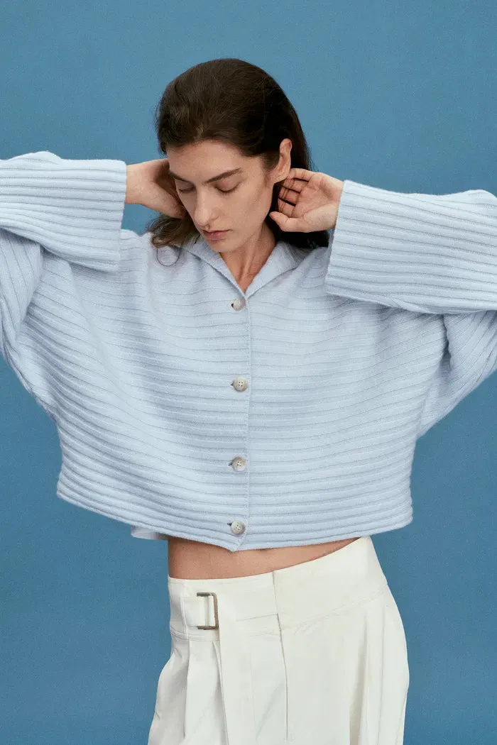 Charlotte Blue Turtleneck Cardigan in Merino Wool-Cashmere Rib Knit