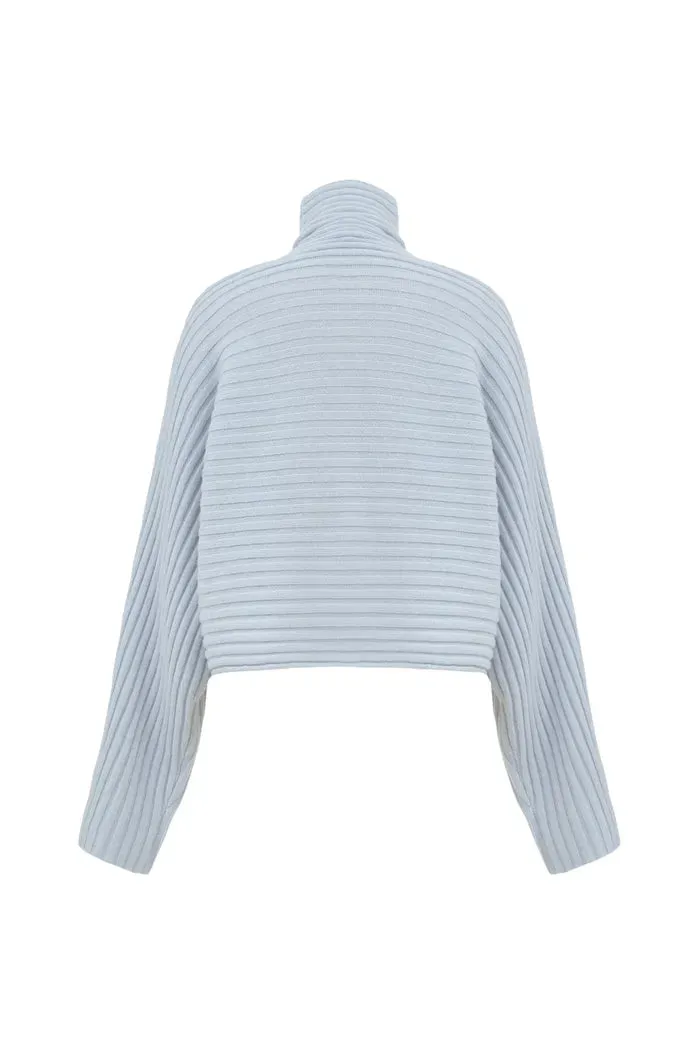 Charlotte Blue Turtleneck Cardigan in Merino Wool-Cashmere Rib Knit