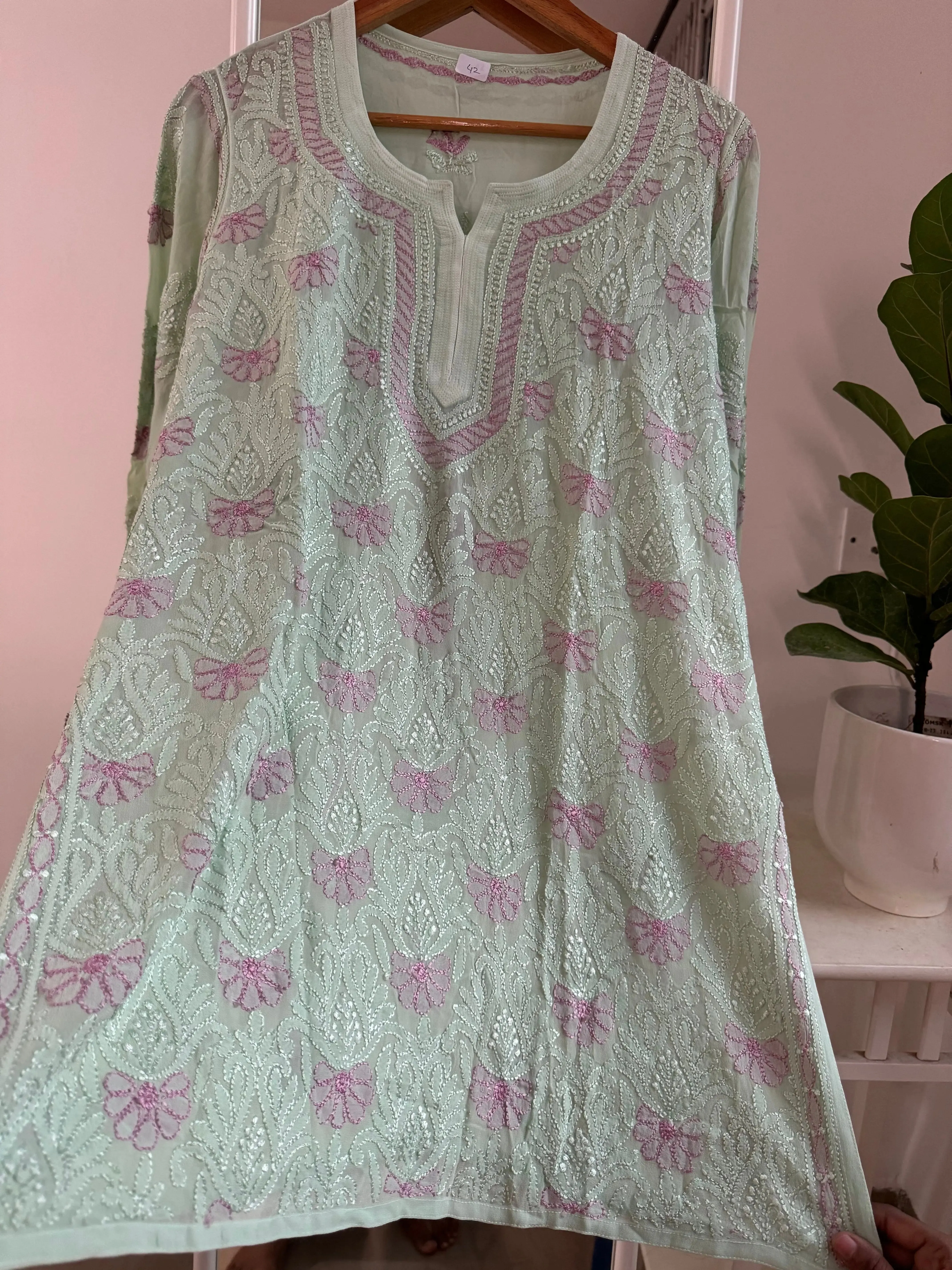 Chikankari Viscose Georgette short Top in Green - Multi Color