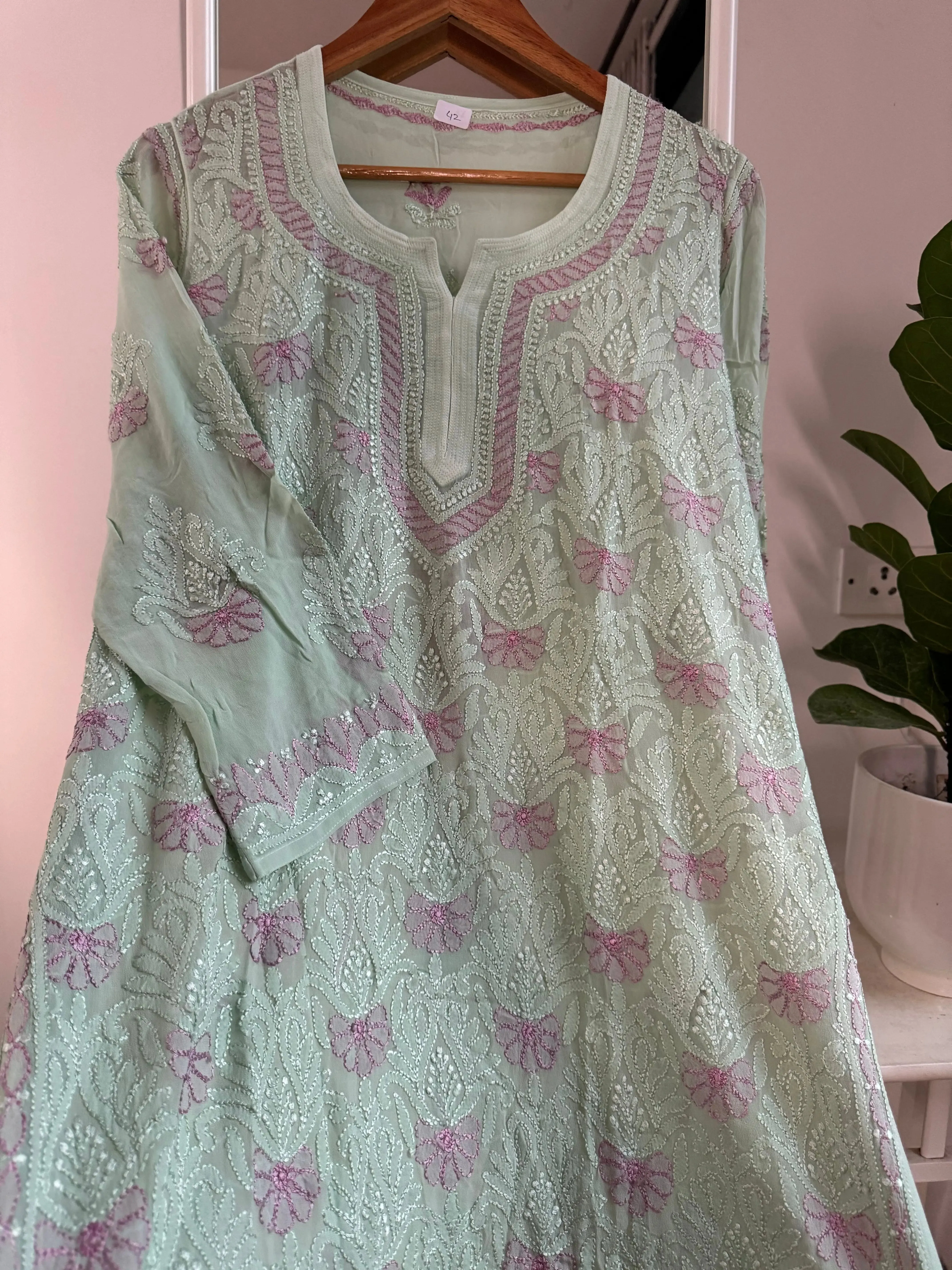 Chikankari Viscose Georgette short Top in Green - Multi Color