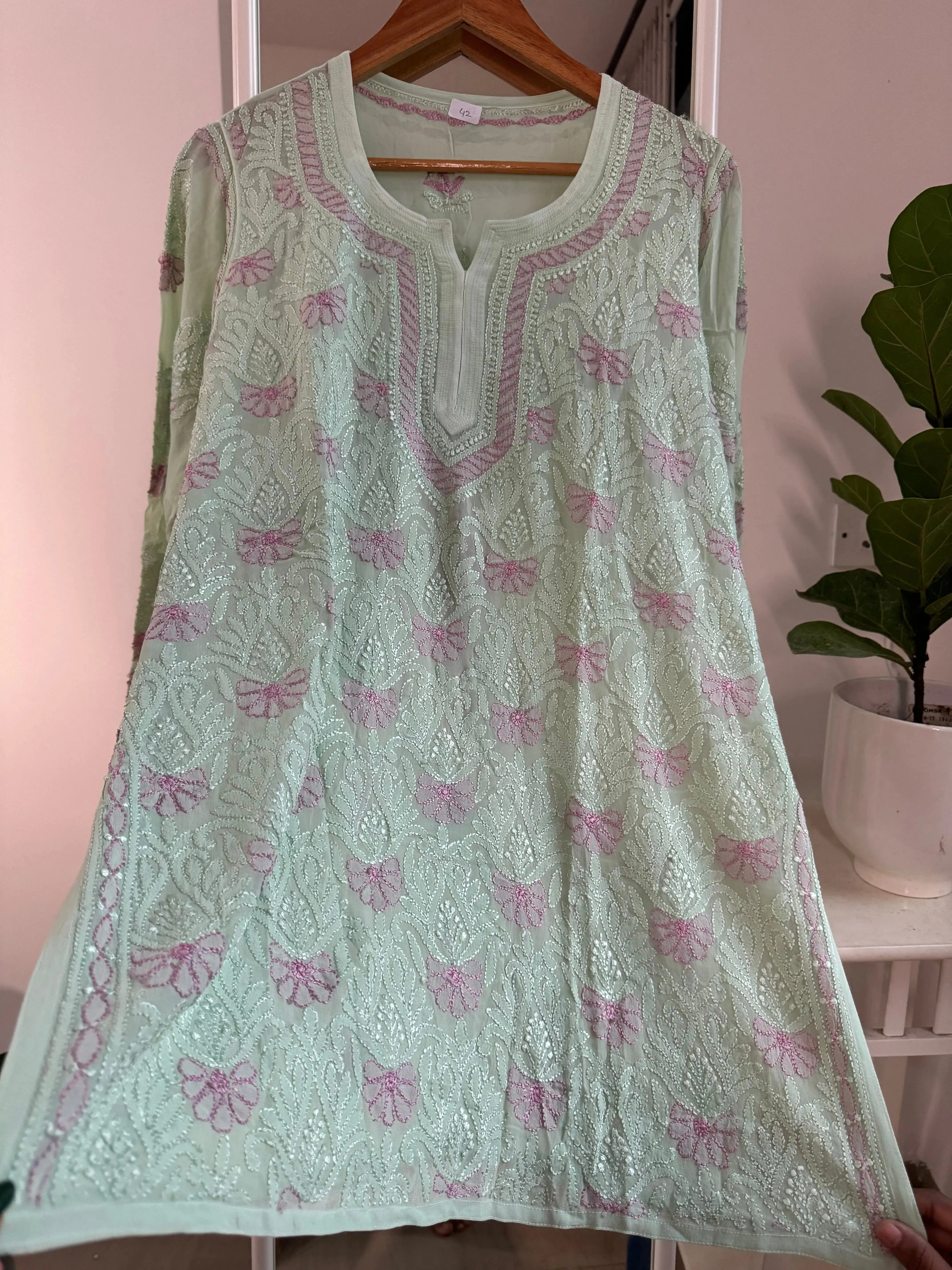 Chikankari Viscose Georgette short Top in Green - Multi Color
