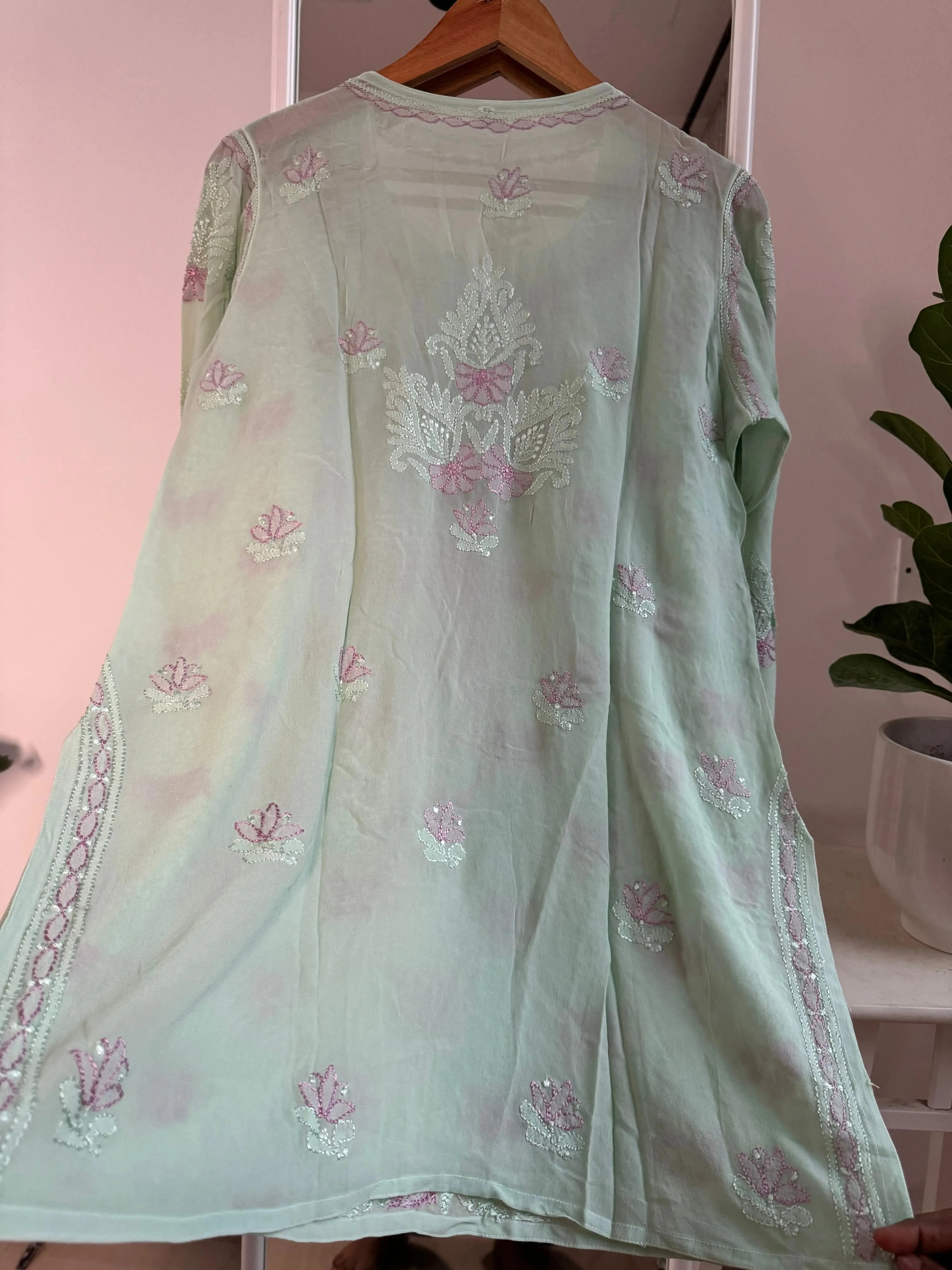 Chikankari Viscose Georgette short Top in Green - Multi Color