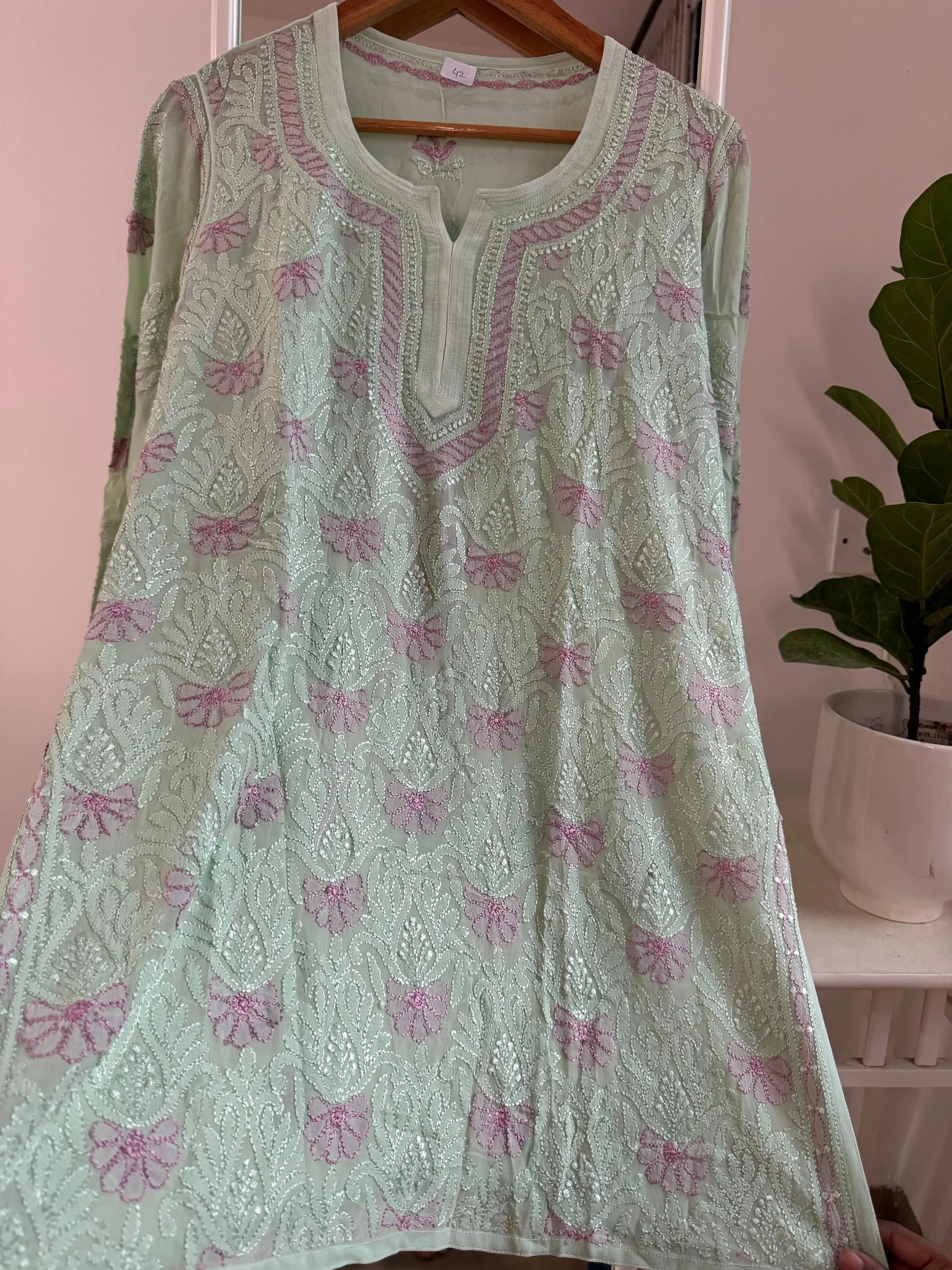 Chikankari Viscose Georgette short Top in Green - Multi Color