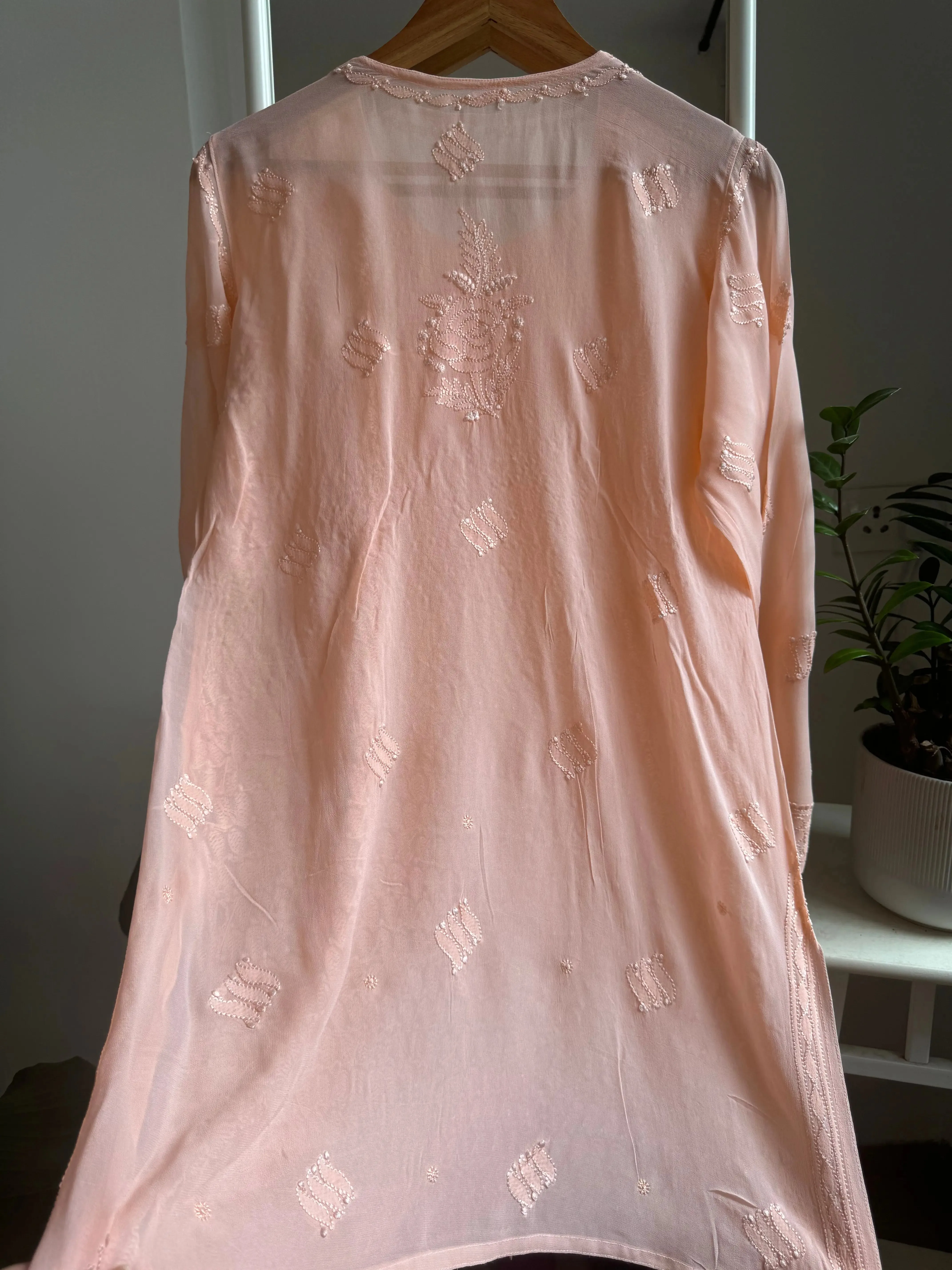 Chikankari Viscose Georgette short Top in Peach
