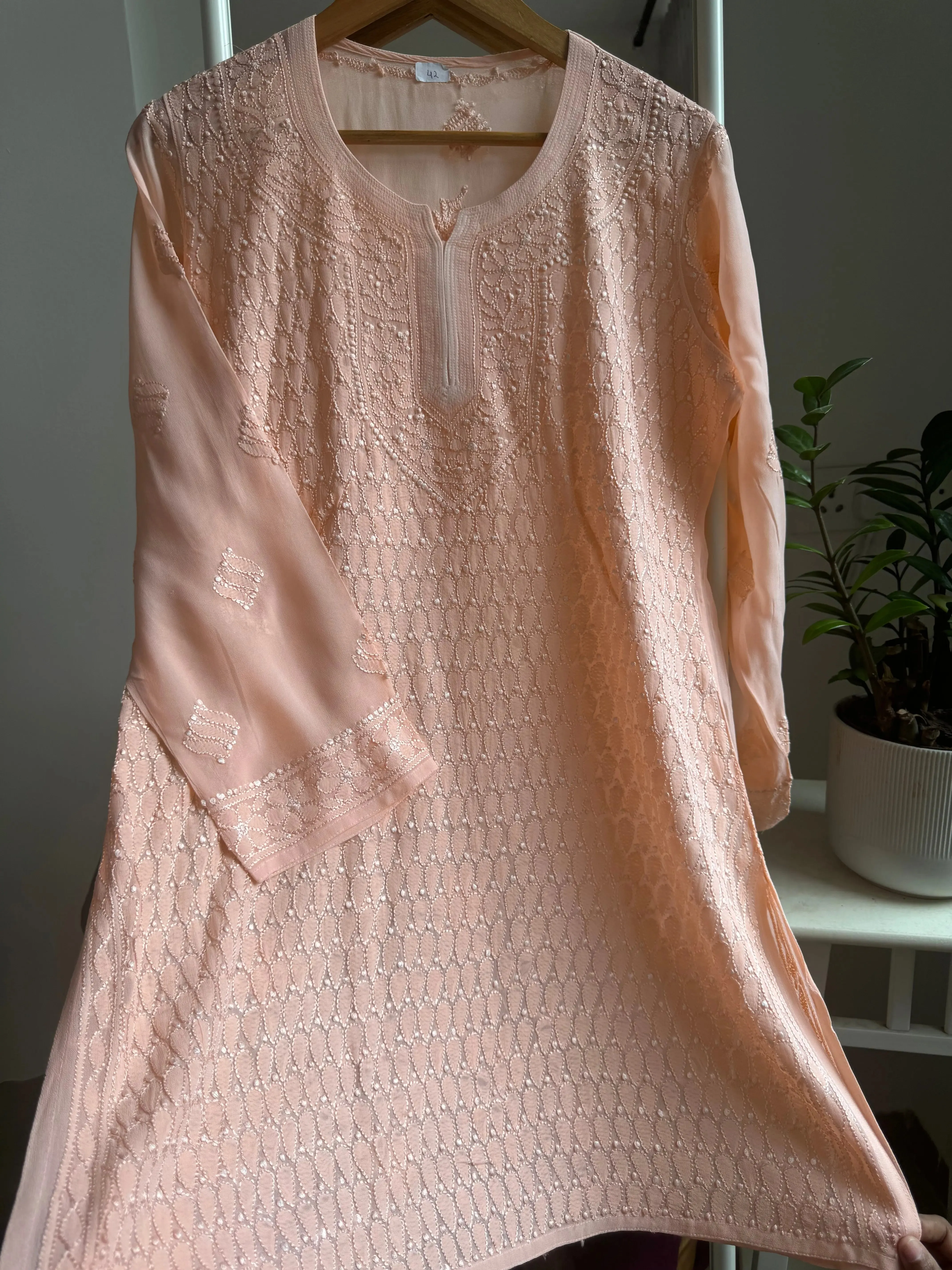 Chikankari Viscose Georgette short Top in Peach