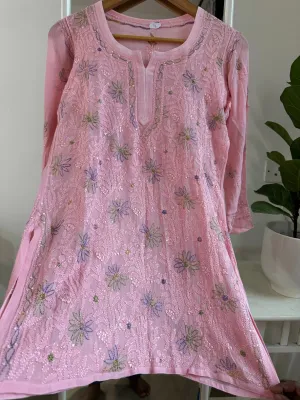 Chikankari Viscose Georgette short Top in pink Multi-Color