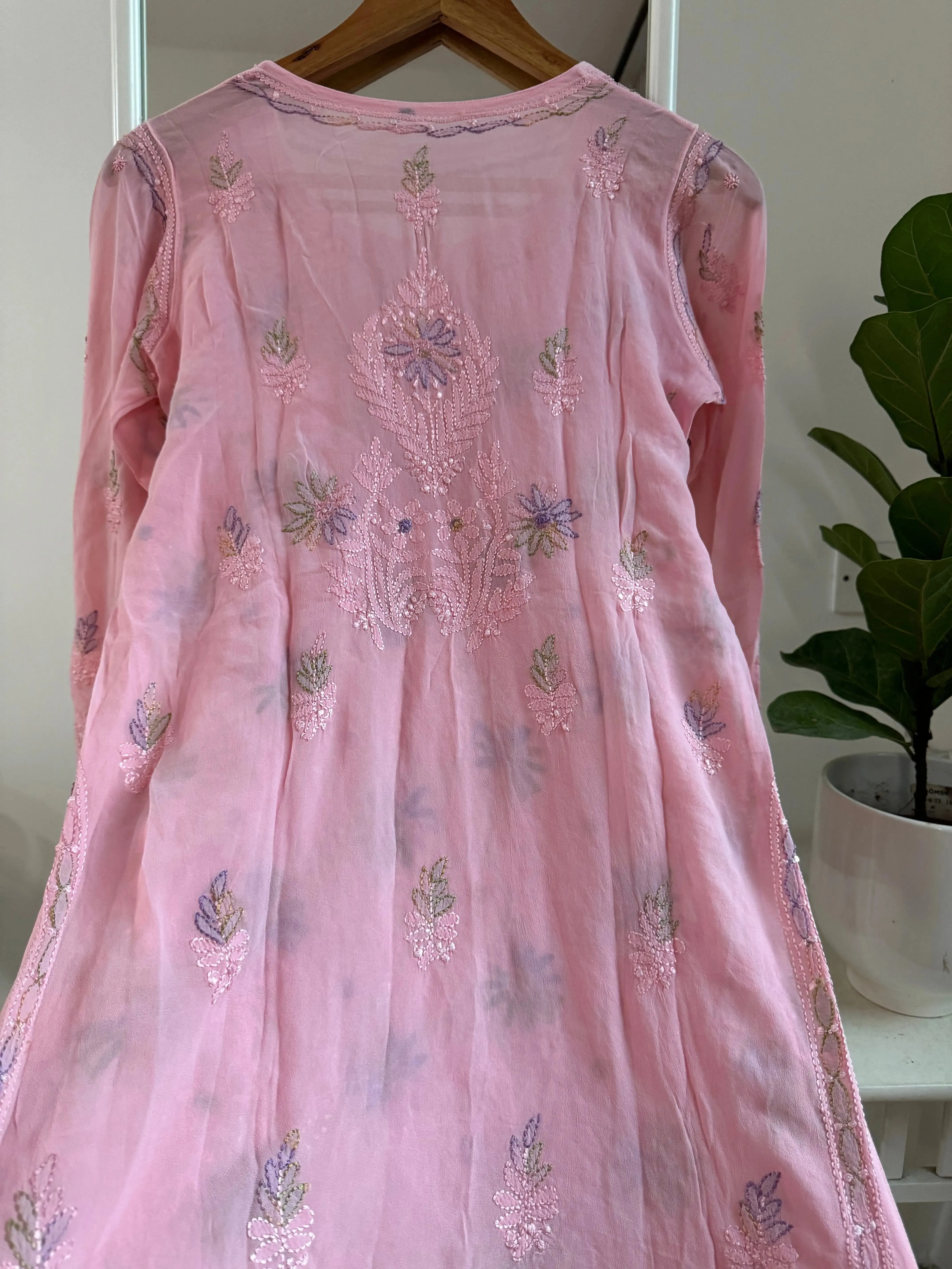 Chikankari Viscose Georgette short Top in pink Multi-Color
