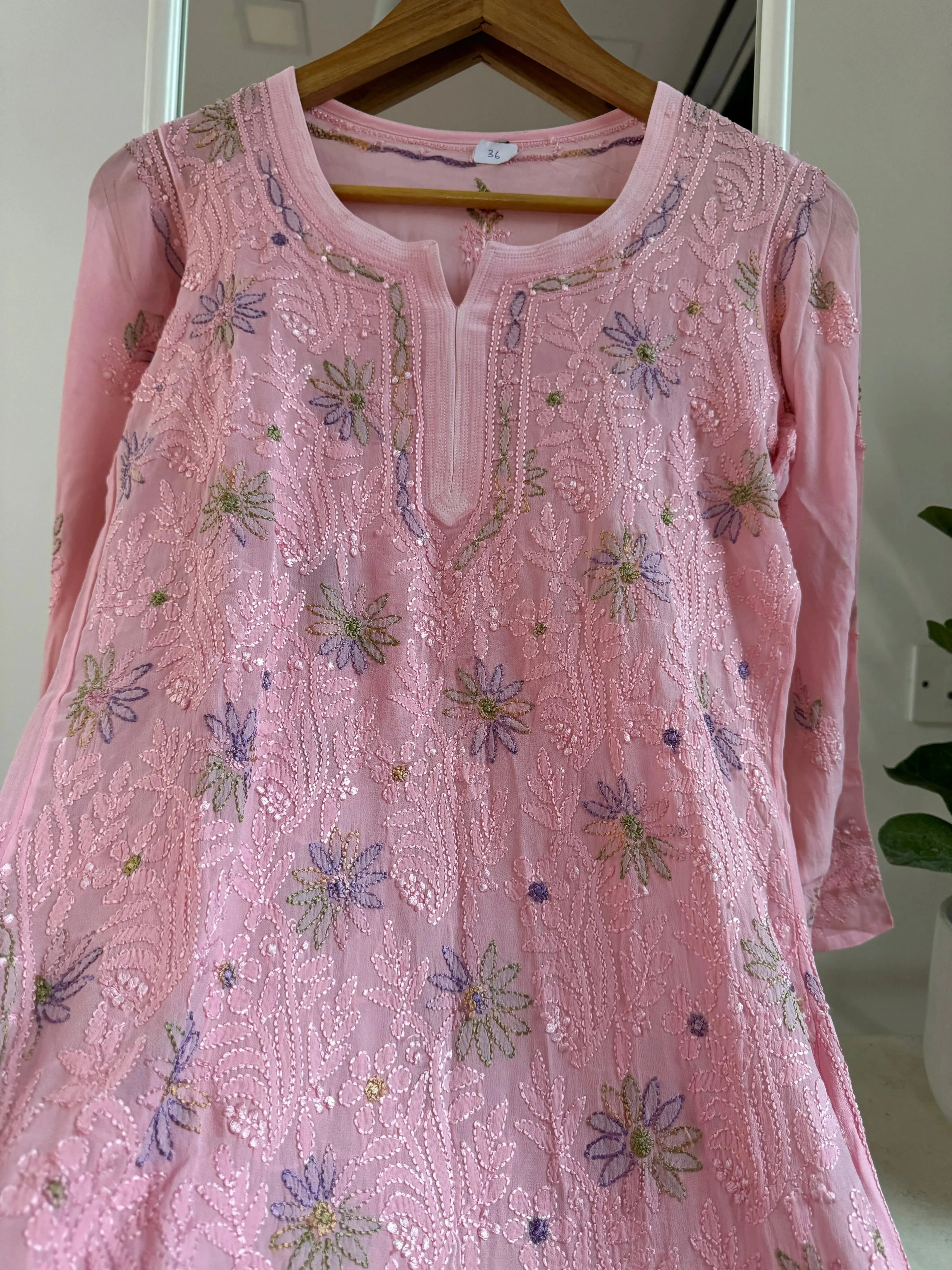 Chikankari Viscose Georgette short Top in pink Multi-Color