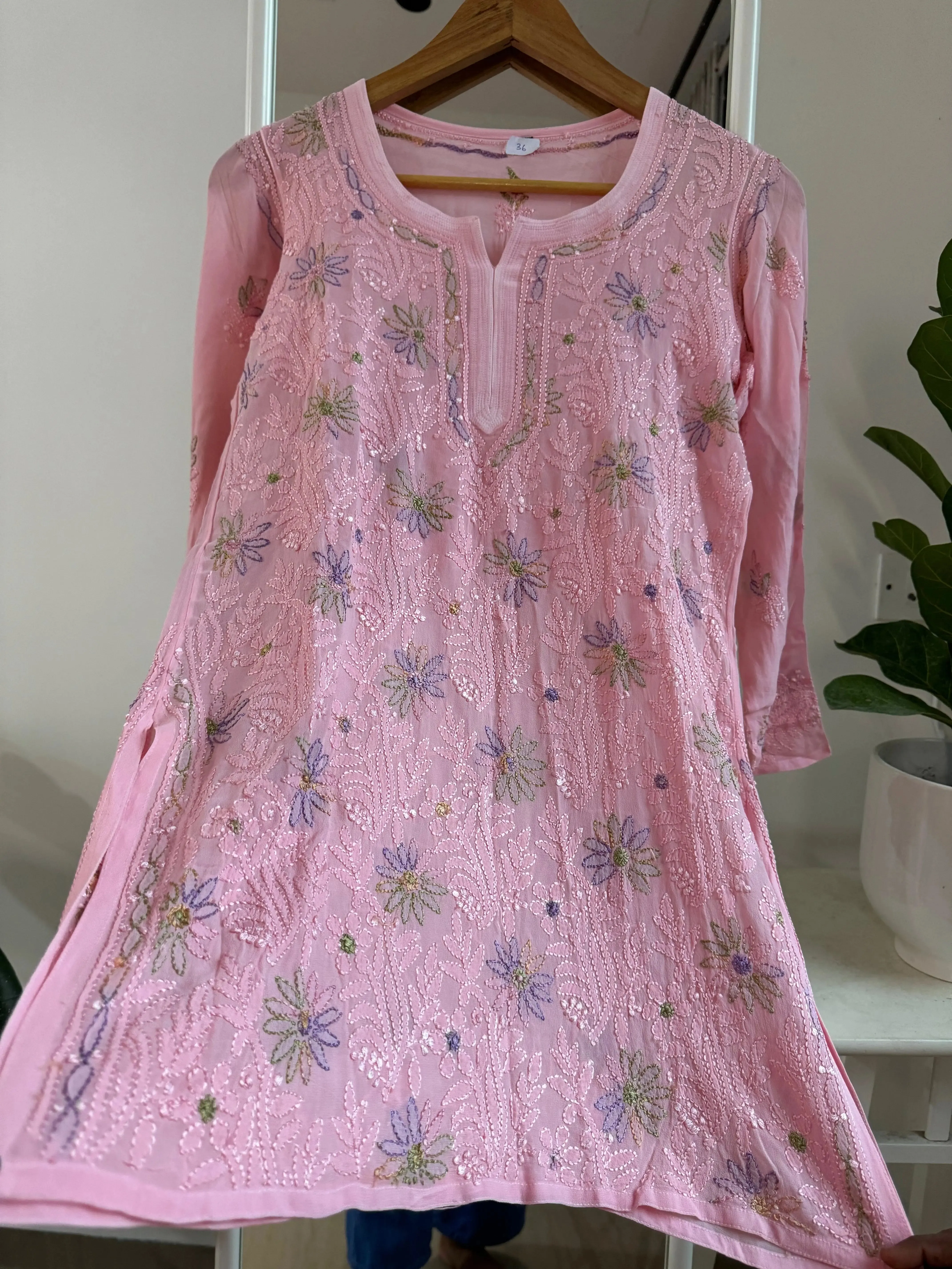 Chikankari Viscose Georgette short Top in pink Multi-Color
