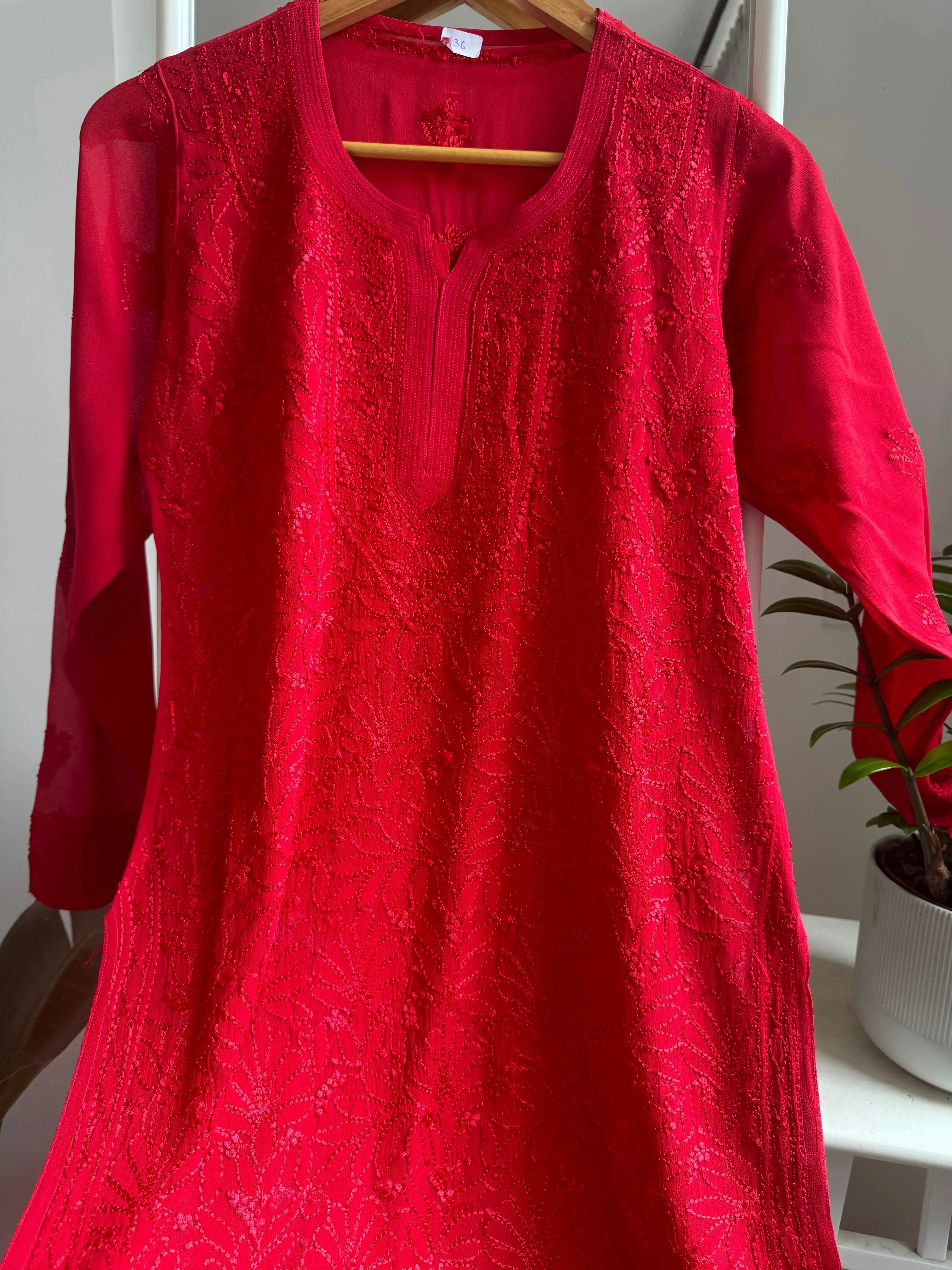 Chikankari Viscose Georgette short Top in Red