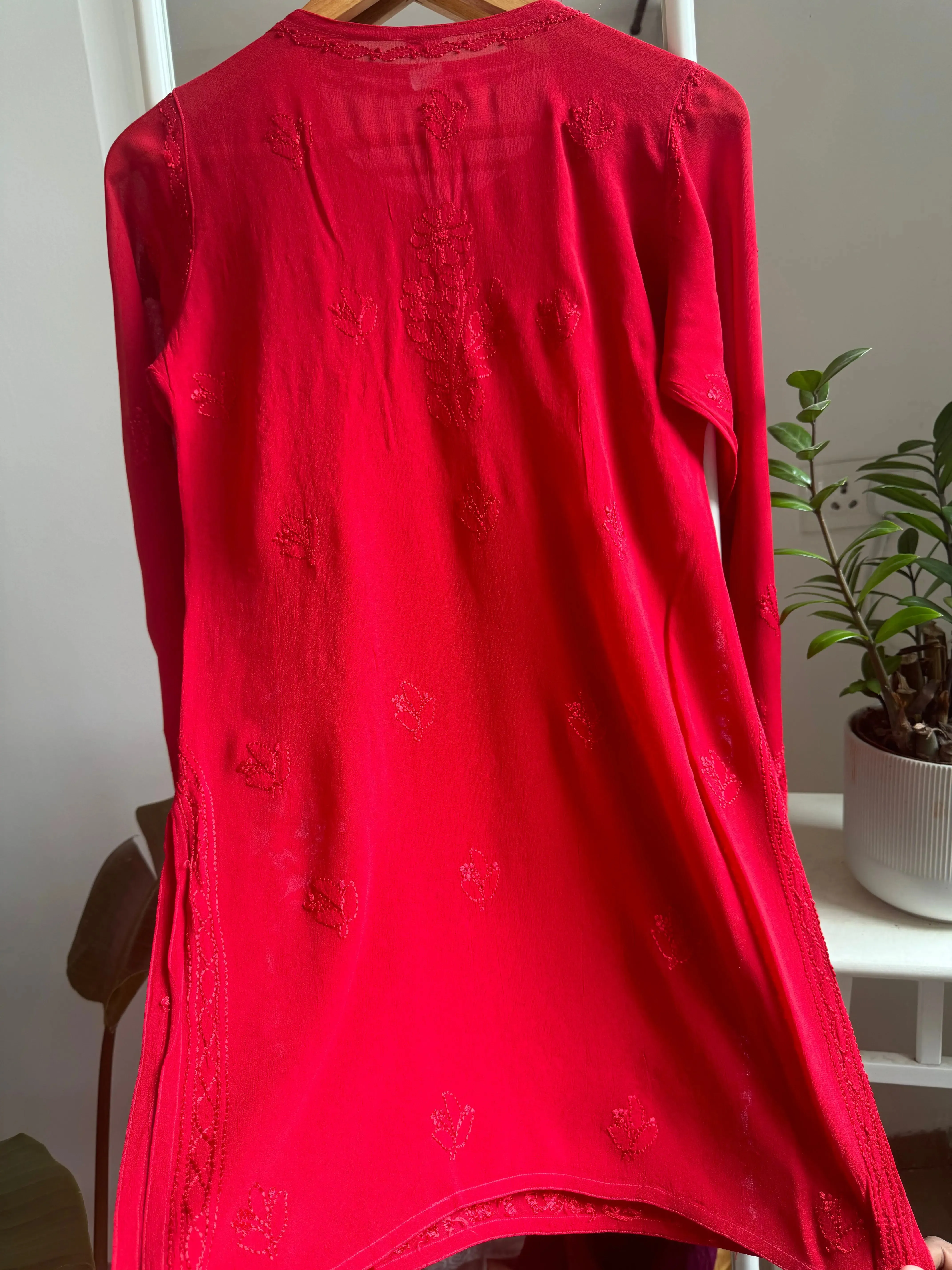 Chikankari Viscose Georgette short Top in Red