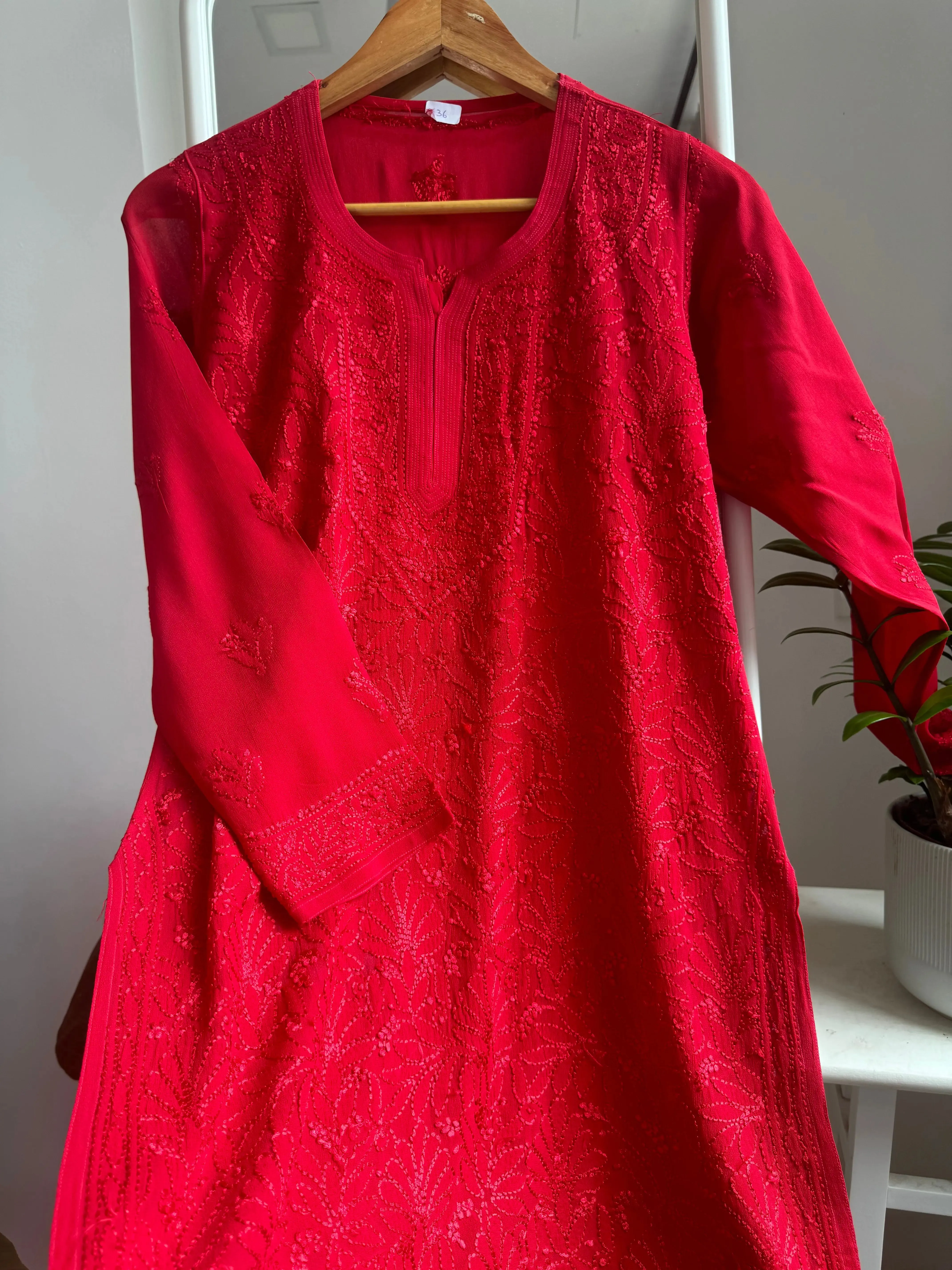 Chikankari Viscose Georgette short Top in Red