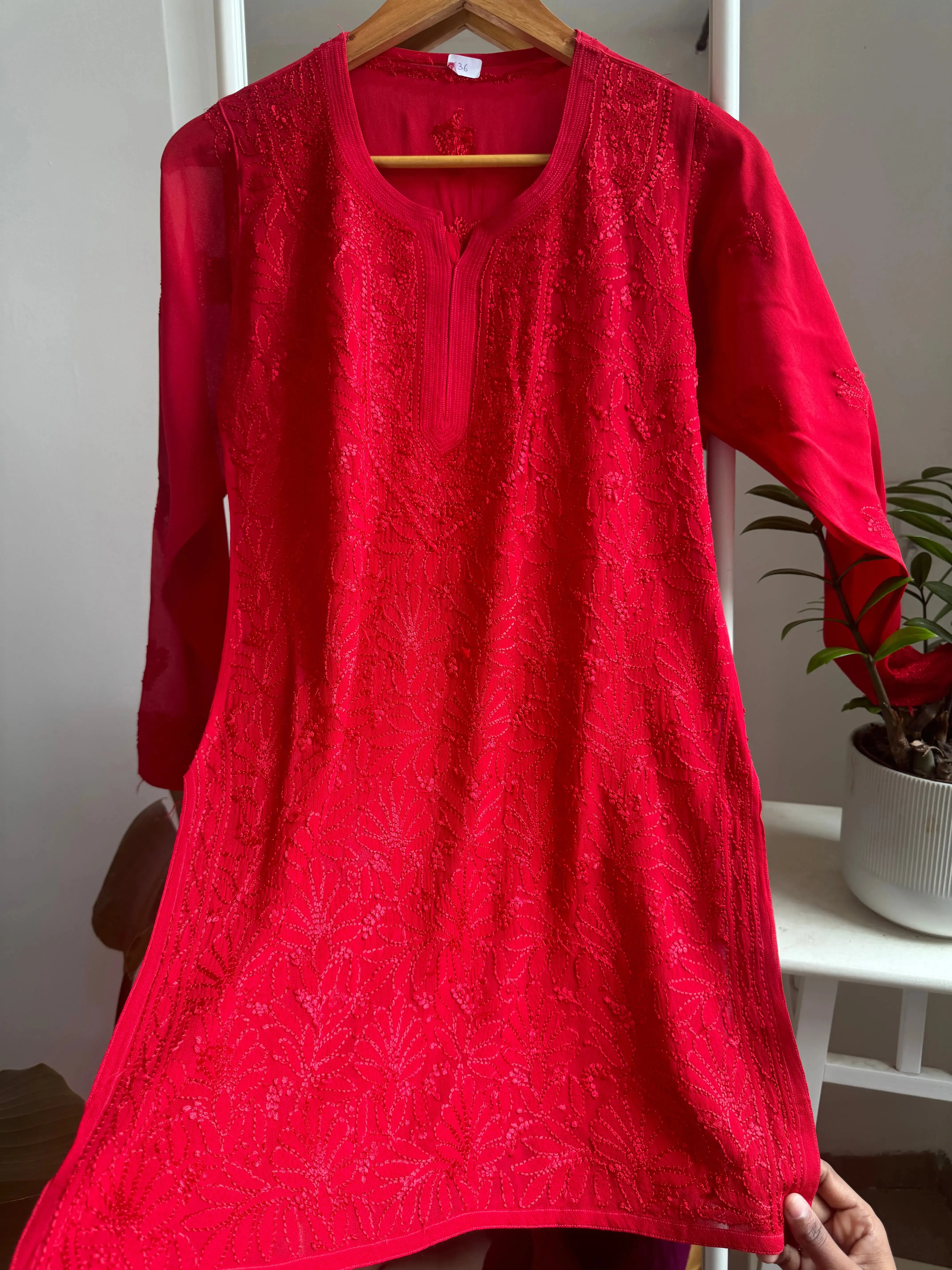 Chikankari Viscose Georgette short Top in Red
