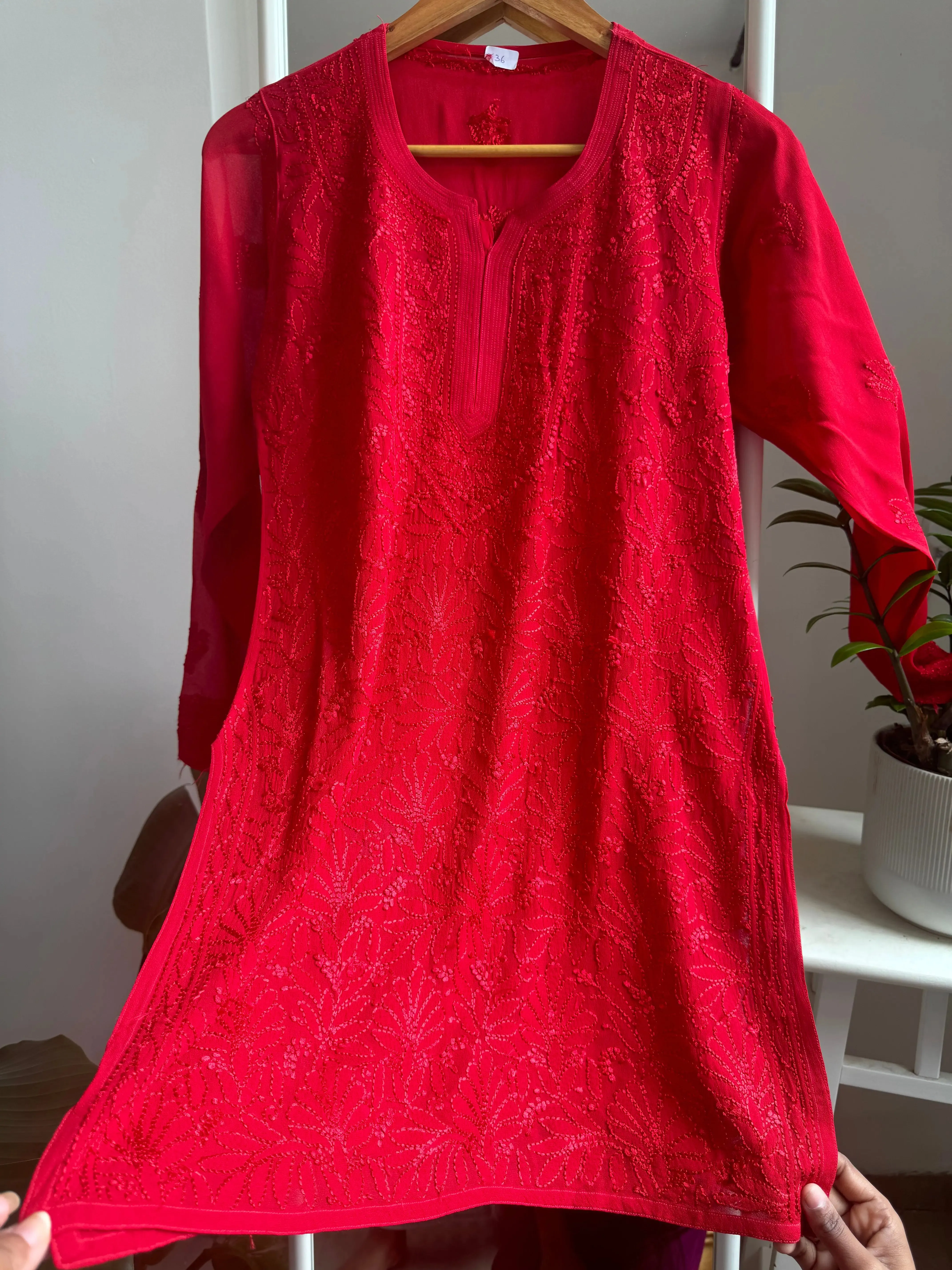 Chikankari Viscose Georgette short Top in Red