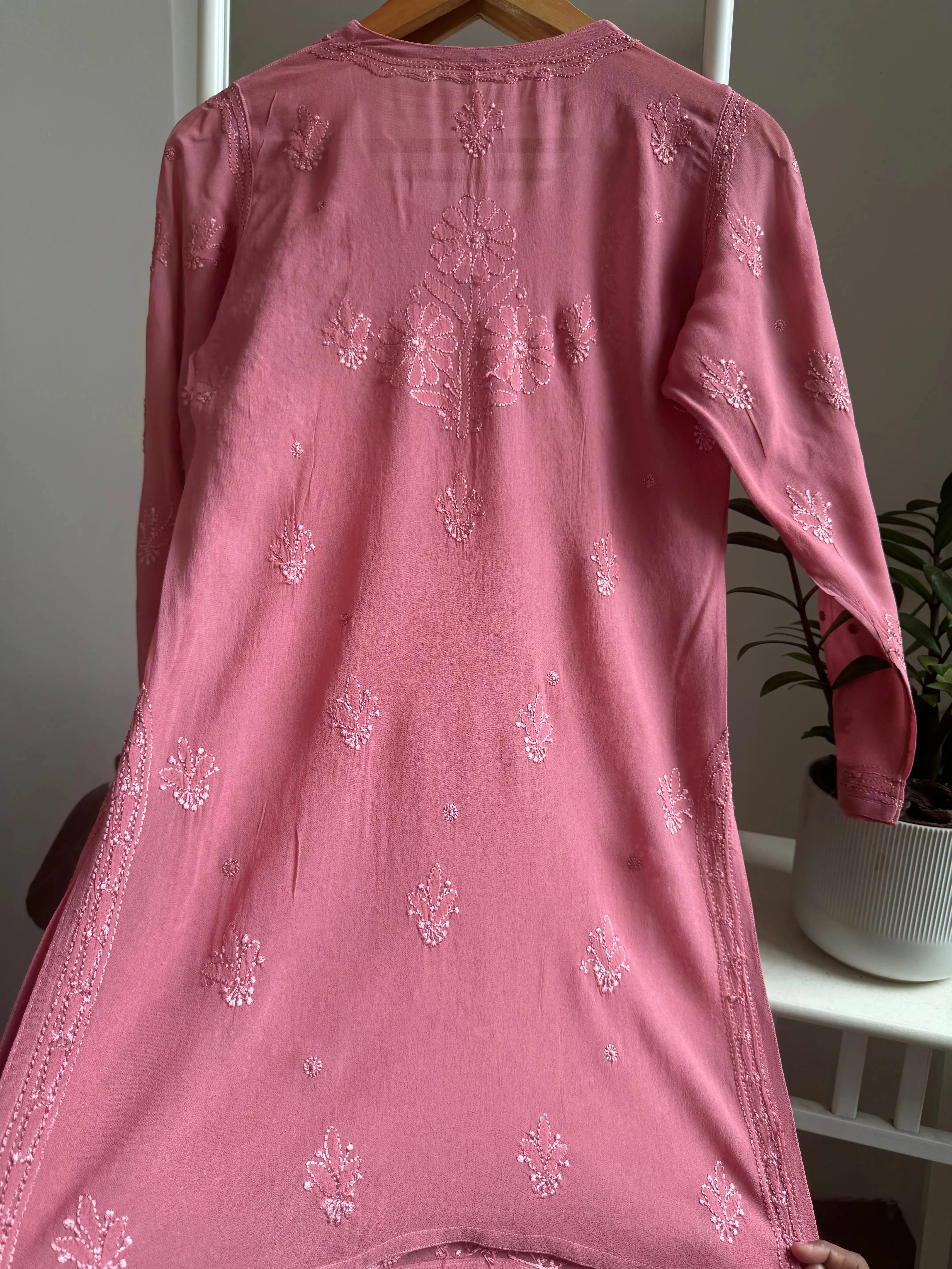 Chikankari Viscose Georgette short Top in Rosewood Pink