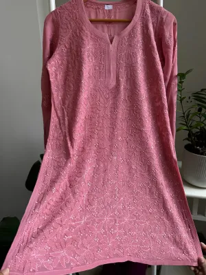 Chikankari Viscose Georgette short Top in Rosewood Pink