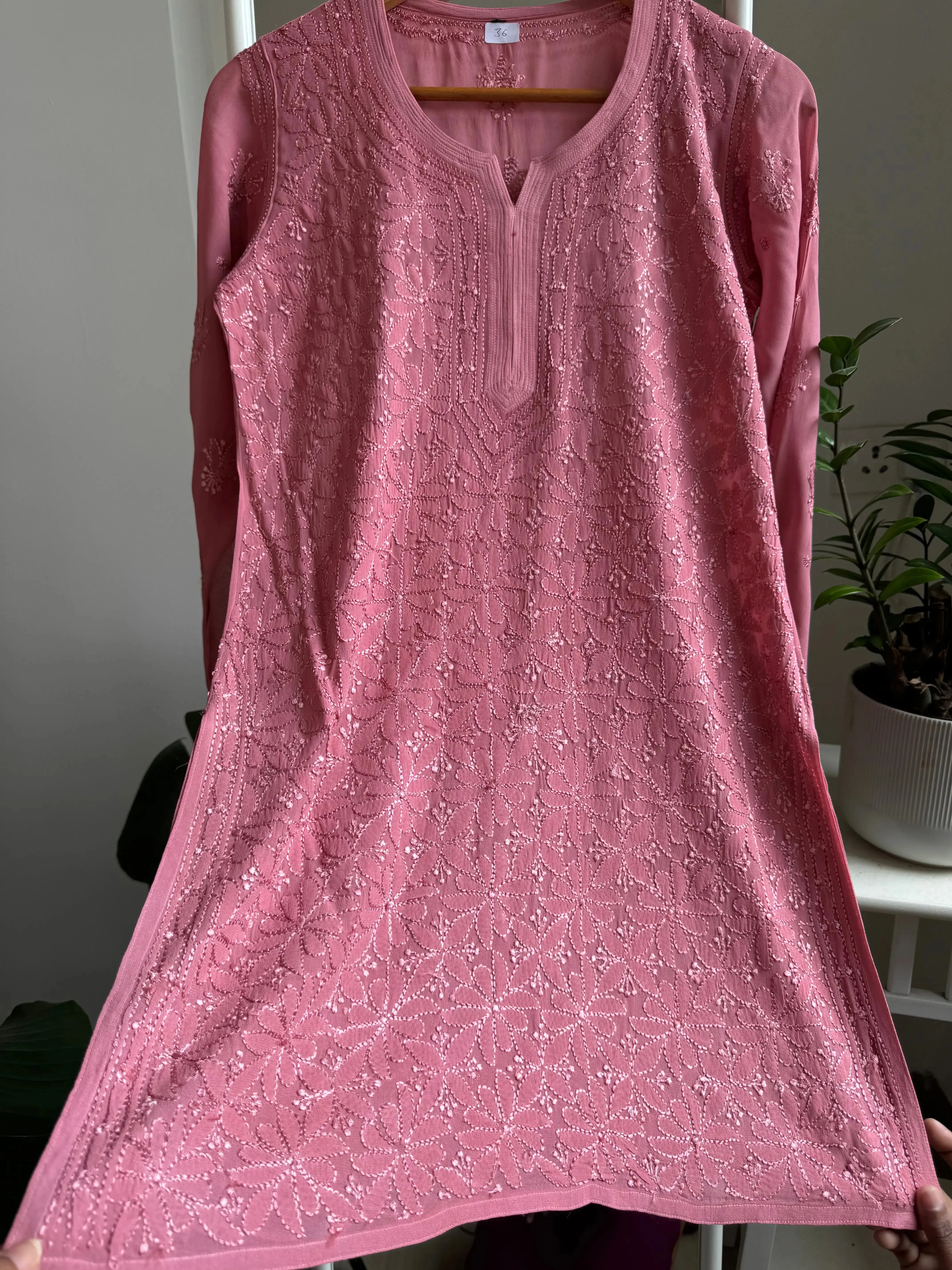 Chikankari Viscose Georgette short Top in Rosewood Pink