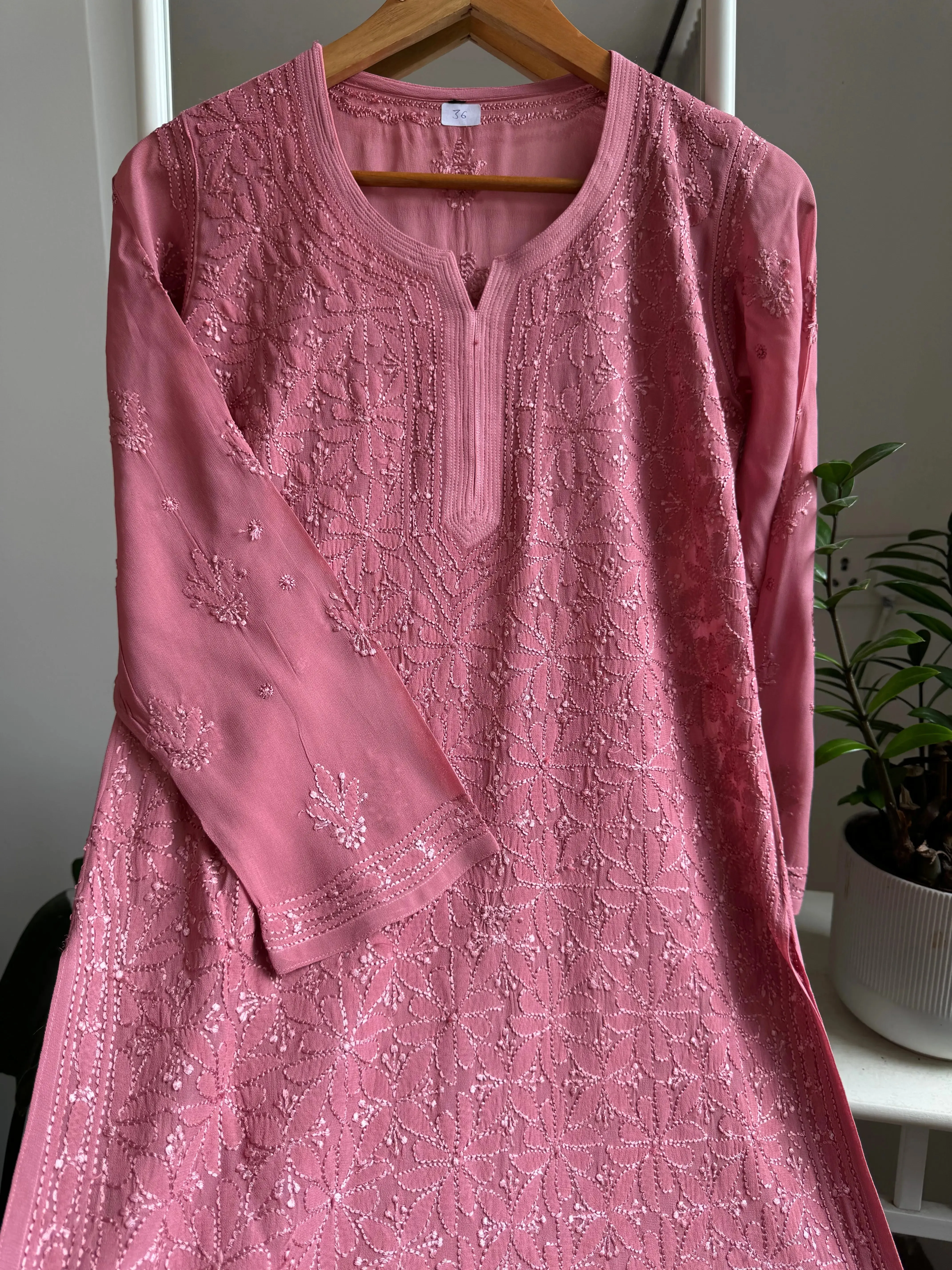 Chikankari Viscose Georgette short Top in Rosewood Pink