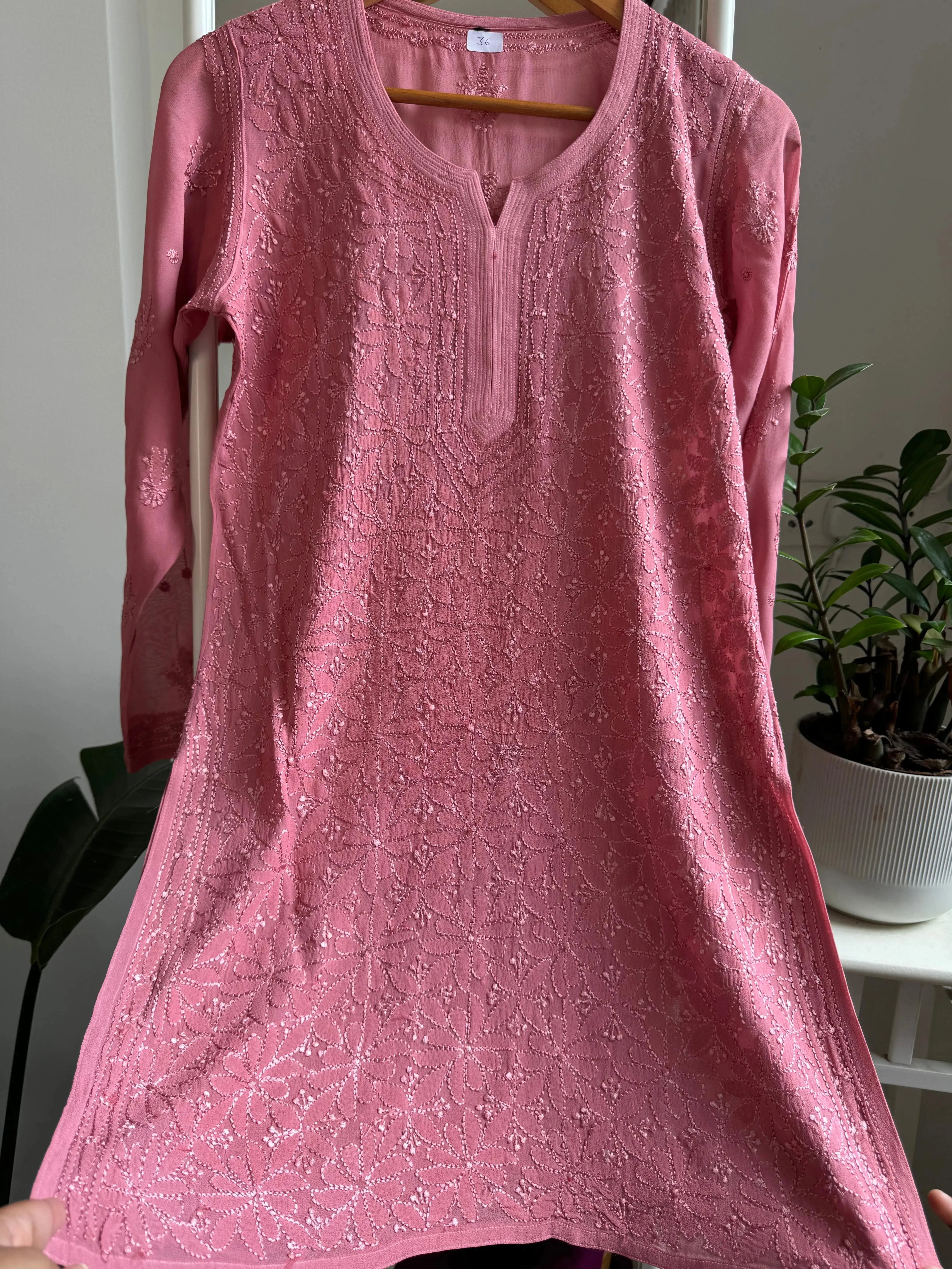 Chikankari Viscose Georgette short Top in Rosewood Pink