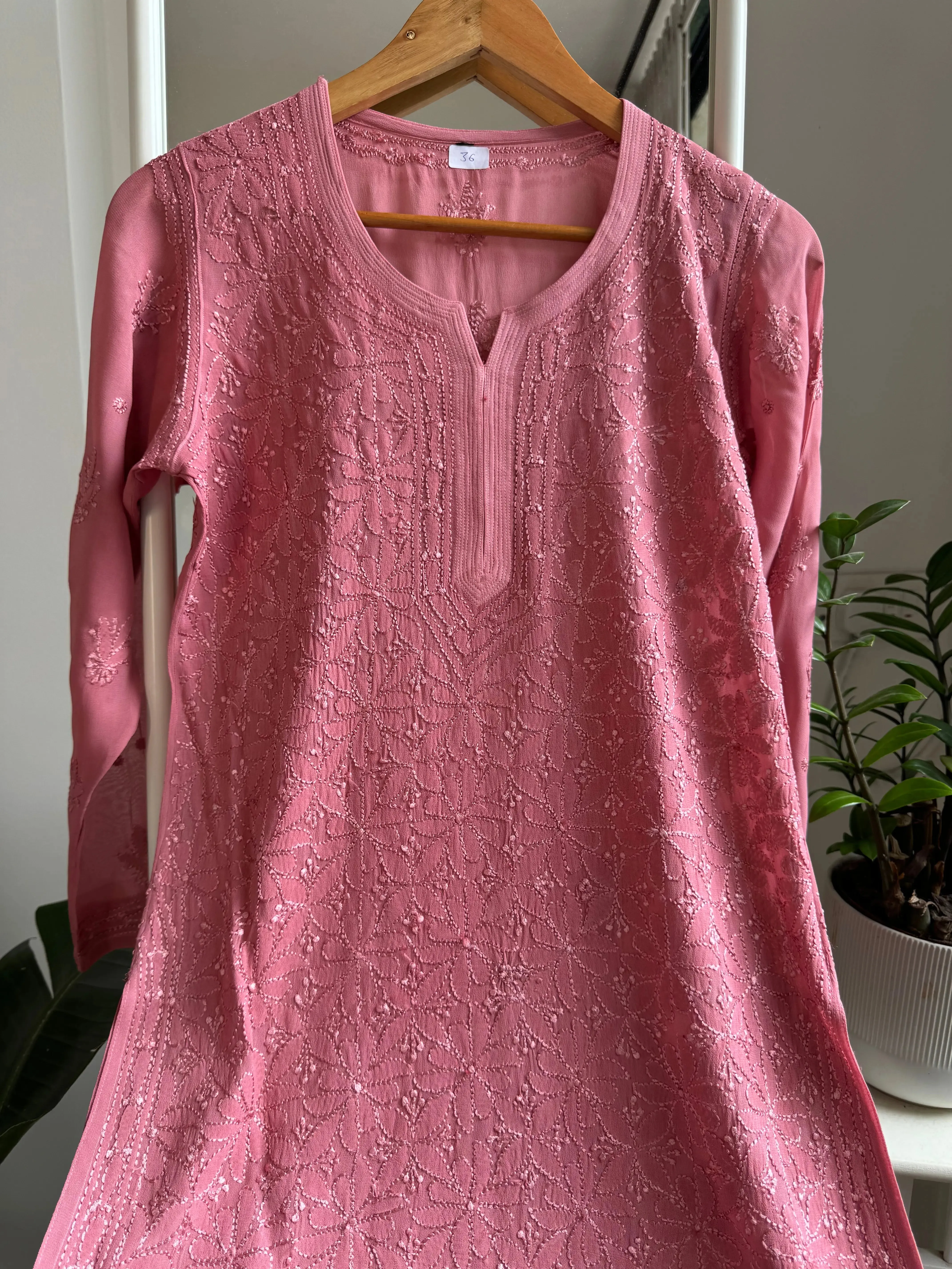 Chikankari Viscose Georgette short Top in Rosewood Pink