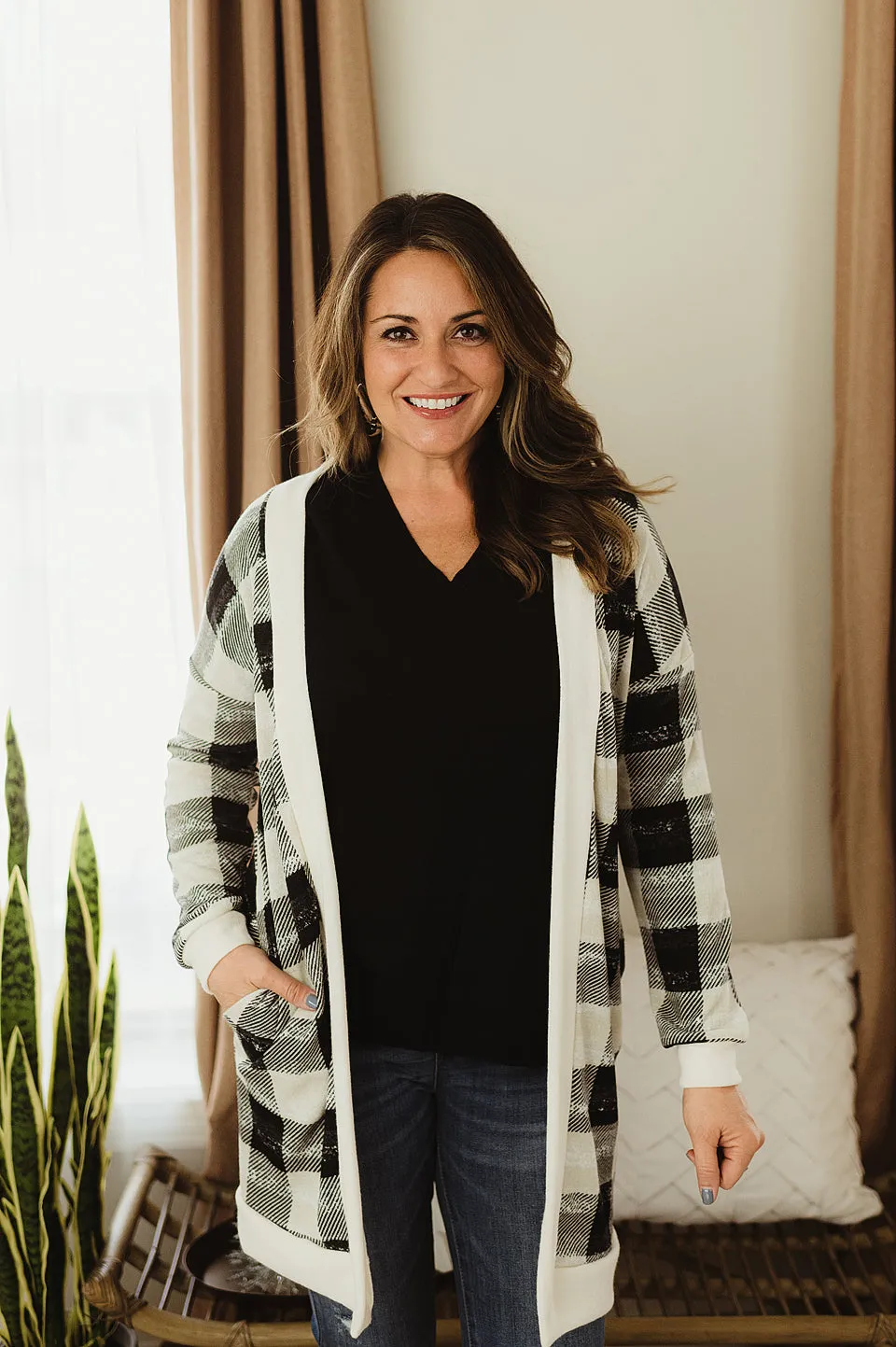 Contrasted Plaid Cardi