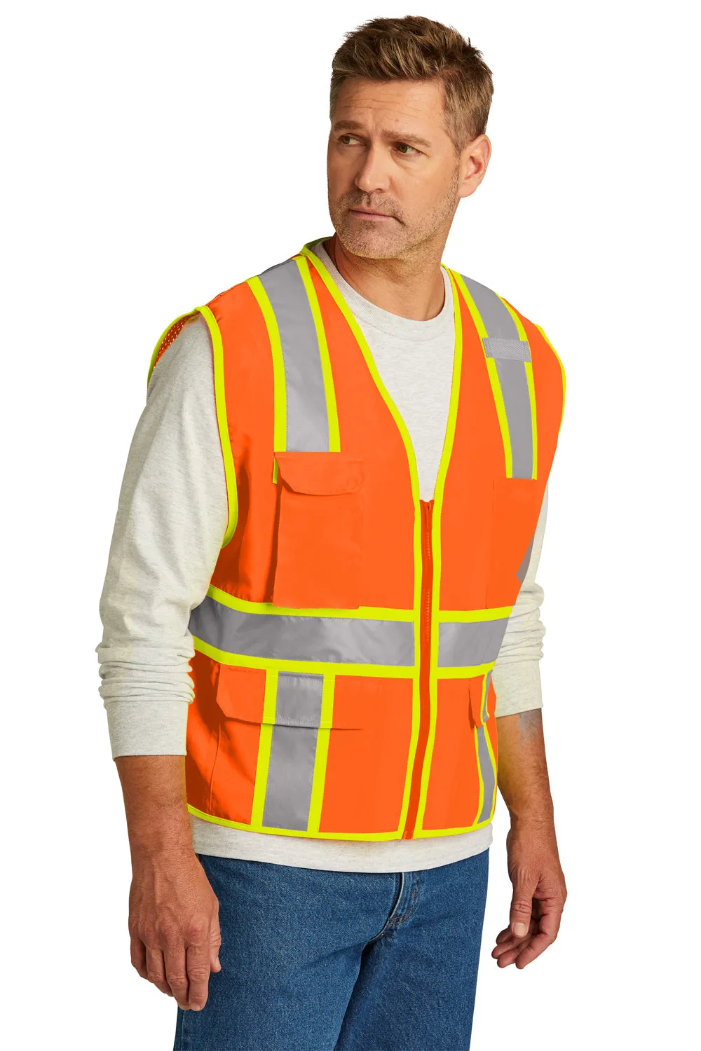 CornerStone Mens ANSI 107 Class 2 Surveyor Zipper Vest w/ Pocket - Safety Orange