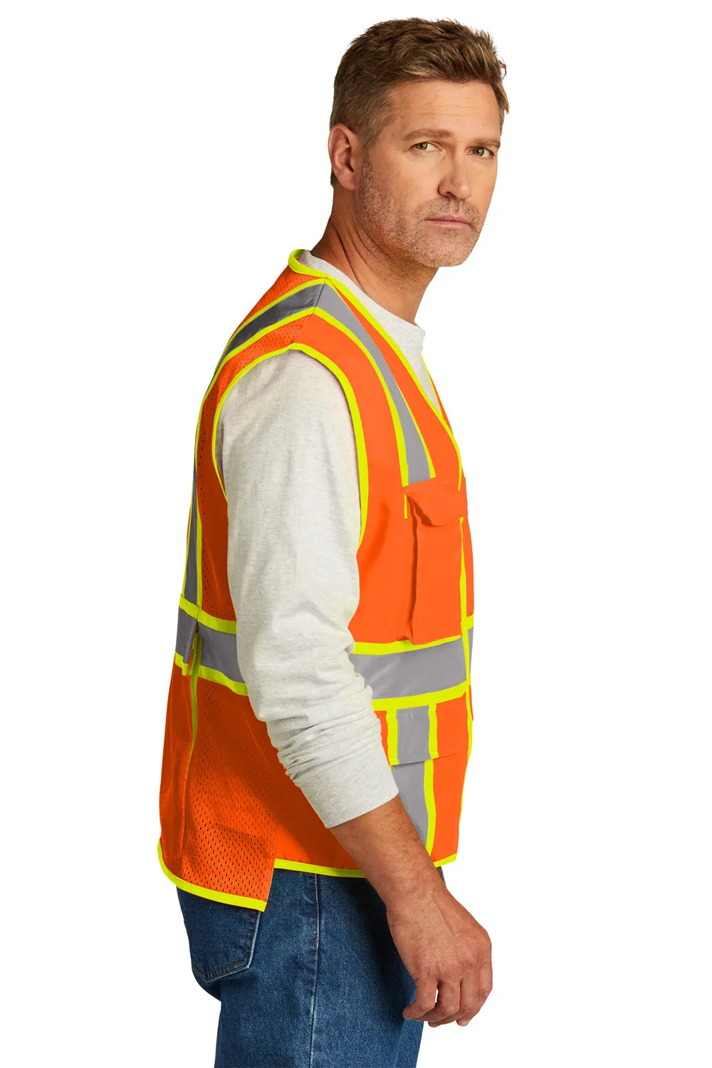CornerStone Mens ANSI 107 Class 2 Surveyor Zipper Vest w/ Pocket - Safety Orange
