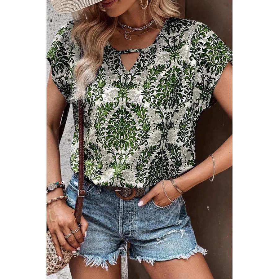 Cutout Printed Short Sleeve Blouse