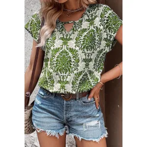 Cutout Printed Short Sleeve Blouse