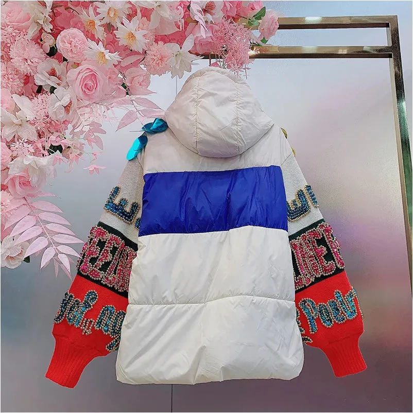 EM Streetwear Colors Contrast Sequined Letters Parka Women Jacket