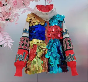 EM Streetwear Colors Contrast Sequined Letters Parka Women Jacket