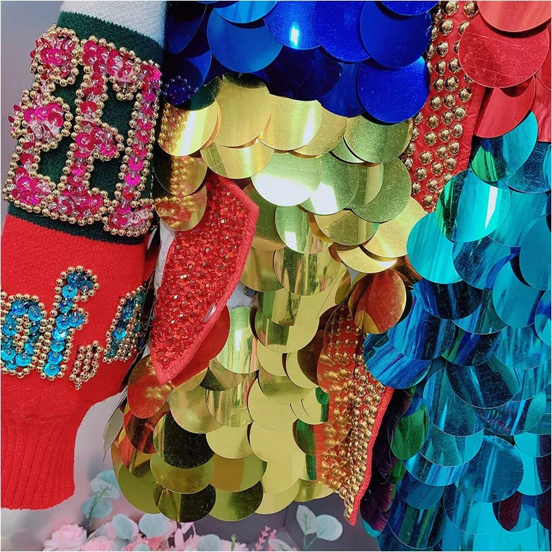 EM Streetwear Colors Contrast Sequined Letters Parka Women Jacket