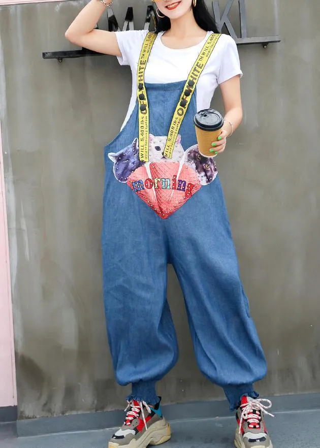 European station women heavy work printing bib harem nine pants
