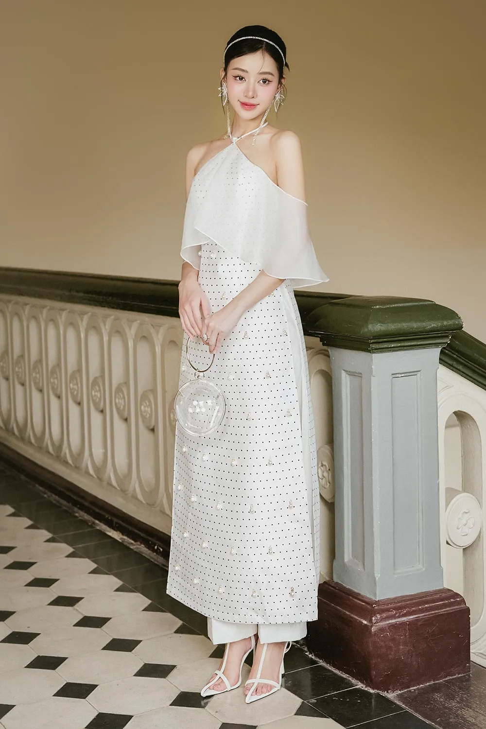 Gia Han A-line Cold Shoulder Sleeved Taffeta Silk Ankle Length Set