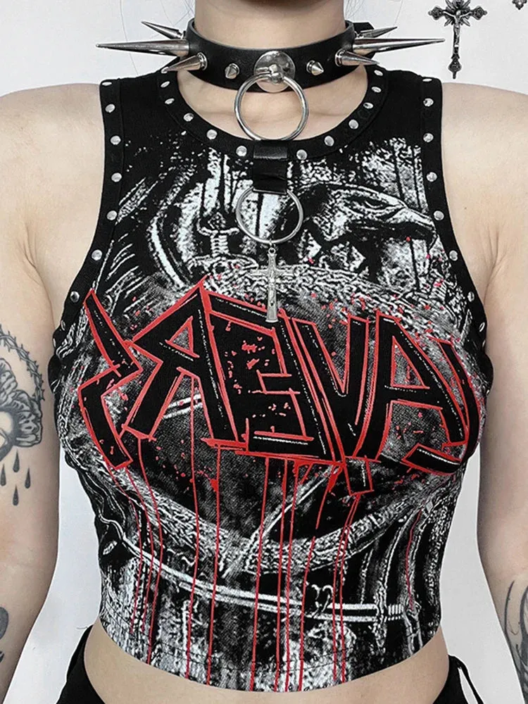 Gothic Print Crop Retro Rivet Graphic Top