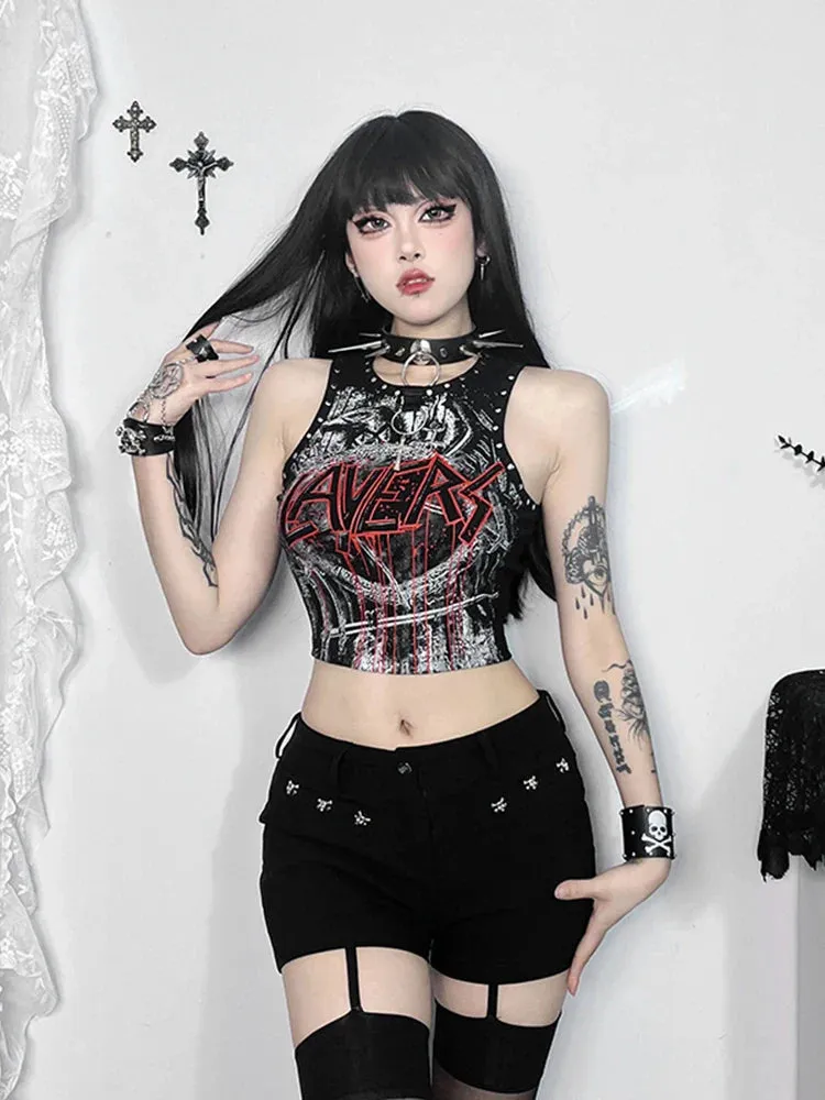 Gothic Print Crop Retro Rivet Graphic Top